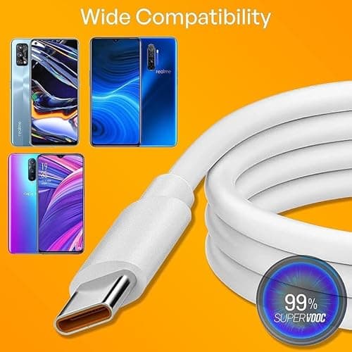 65W Charger for realme Narzo 60X 5G / 60 X Charger Original Adapter Like Quick Dash Warp Dart Flash Super Vooc Fast Charger with 1M Type C USB Data Cable (4A/6.5A, TRV50A, White) 3