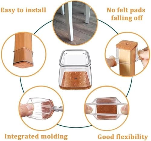 JICOOT 4 Pcs Chair Leg Floor Protectors for Wooden & Tile Floors | Square Silicone Furniture Leg Caps with Felt Pads | Anti-Scratch, Noise-Reducing Chair & Stool Leg Covers | Clear, Large 5