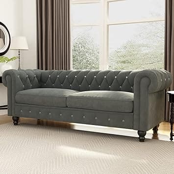 Dime Store Wooden Chesterfield Sofa 3 Seater with Button Tufted Design Solid Wood Frame Upholstered Couch with Rolled Arms | Luxury Living Room Sofa for Home, Office, Lounge & Reception (Grey)