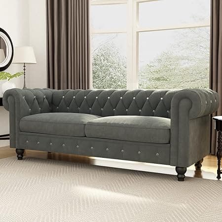 Dime Store Wooden Chesterfield Sofa 3 Seater with Button Tufted Design Solid Wood Frame Upholstered Couch with Rolled Arms | Luxury Living Room Sofa for Home, Office, Lounge & Reception (Grey)