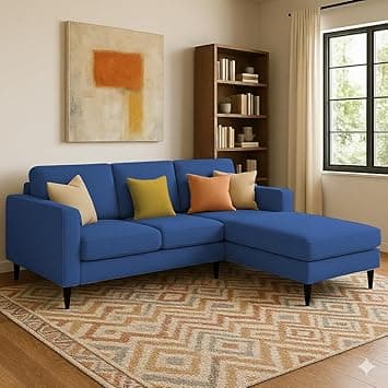 Casaliving Grayon 3 Seater L Shape Convertible Sofa Set for Living Room, 3 Seater & Ottoman Modular Sectional Couch for Small Space (Blue Colour) Premium Fabric Sofa