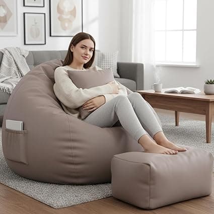 Luxury 5XL Jumbo Bean Bag with Footrest & Cushion | Premium Leatherette | High-Density Beans Filled | Heavy Duty Double Stitch | 6 Months Warranty Color- (Navy Blue) (Beige)