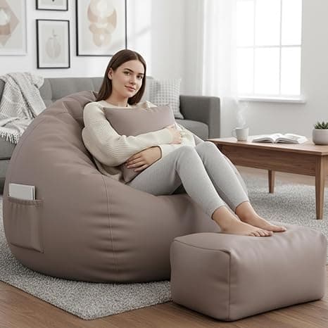 Luxury 5XL Jumbo Bean Bag with Footrest & Cushion | Premium Leatherette | High-Density Beans Filled | Heavy Duty Double Stitch | 6 Months Warranty Color- (Navy Blue) (Beige)