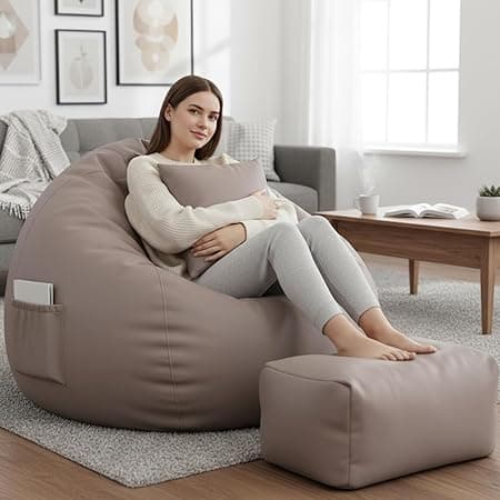 Luxury 5XL Jumbo Bean Bag with Footrest & Cushion | Premium Leatherette | High-Density Beans Filled | Heavy Duty Double Stitch | 6 Months Warranty Color- (Navy Blue) (Beige)