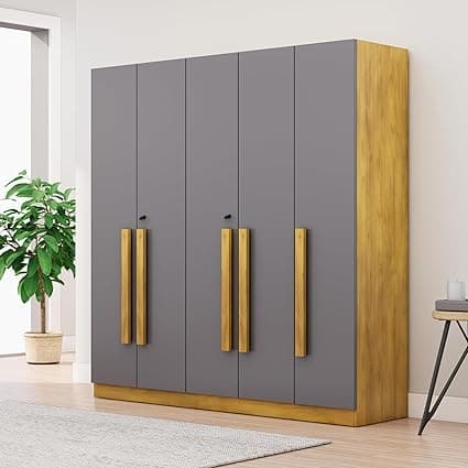 Bniture 5 Door Wooden Wardrobe for Bedroom with Lockable Door & 2 Hanging Space | Engineered Wood Almirah for Clothes | Spacious Storage Cupboard with 8 Shelves (Giant Wood & Slate Grey)