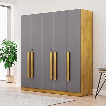 Bniture 5 Door Wooden Wardrobe for Bedroom with Lockable Door & 2 Hanging Space | Engineered Wood Almirah for Clothes | Spacious Storage Cupboard with 8 Shelves (Giant Wood & Slate Grey)