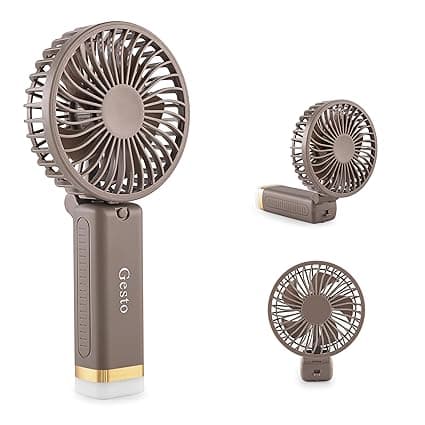 Gesto Portable Fan Rechargeable with LED Light – Foldable Mini Fan, Small Fan,USB Charging Hand Fan with 1200mAh Battery & 3 Speed Modes | Travel, Makeup, Kitchen,Women’s Personal Pankhaa - Grey