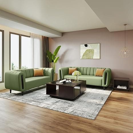 Interio by Godrej Sofa Paramount 5 Seater Fabric Sofa Set (3+2) for Living Room, 1-Year Warranty, Solid Wood, Green