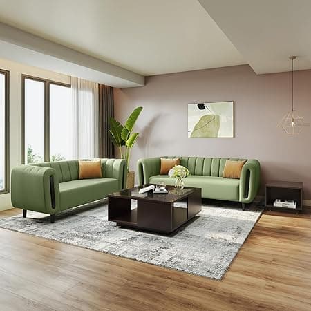 Interio by Godrej Sofa Paramount 5 Seater Fabric Sofa Set (3+2) for Living Room, 1-Year Warranty, Solid Wood, Green
