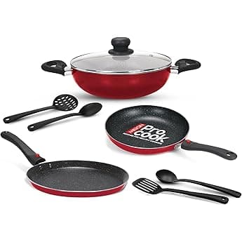 Milton Pro Cook Induction Cookware & Gas Stove Friendly Kitchen Jewel 7 Pc Non Stick Cookware Set | Fry Pan | Kadhai with Glass Lid | Dosa Tawa | Durable 5-Layer Non Stick Coating | Maroon