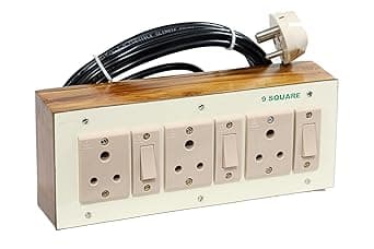 9 SQUARE Wooden Extension Board with Individual Switch of 3 Sockets and 3 Meter Long 3 Core Copper Cable