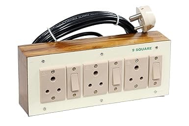 9 SQUARE Wooden Extension Board with Individual Switch of 3 Sockets and 3 Meter Long 3 Core Copper Cable