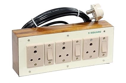 9 SQUARE Wooden Extension Board with Individual Switch of 3 Sockets and 3 Meter Long 3 Core Copper Cable