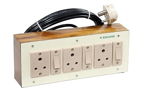 9 SQUARE Wooden Extension Board with Individual Switch of 3 Sockets and 3 Meter Long 3 Core Copper Cable
