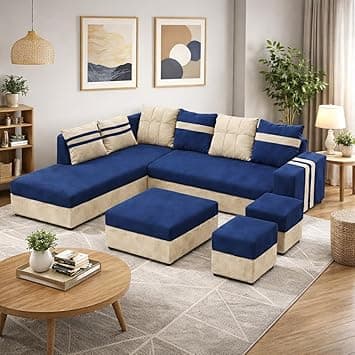 Stova Luxe Velvet-Suede Fabric 8 Seater LHS L Shape Sofa Set | with 2 Ottoman & Centre Table| Comfortable & Spacious Seating | Modern Sofa Set for Living Room – Dark Blue & Cream