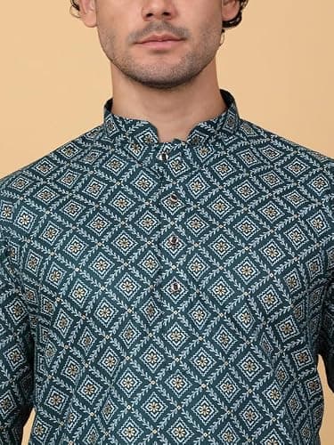 KRAFT INDIA Men Cotton Floral Gold Print Ethnic motif Green Knee Length Kurta With White Elastic Waistband Pyjama Set (Size- Small) 4