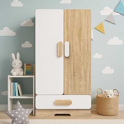 Alex Daisy Romania Kids 2 Door Wardrobe with Shoe Drawer for 3-12 Years| Non-Toxic Safe Material | Soft Coated Premium Finish | Engineered Wood Kids Bedroom Storage Cupboard (White, with Drawer)