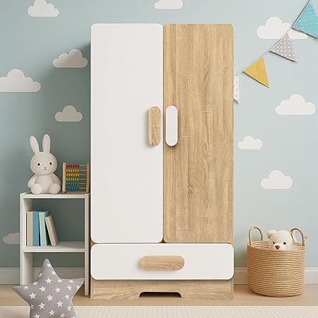 Alex Daisy Romania Kids 2 Door Wardrobe with Shoe Drawer for 3-12 Years| Non-Toxic Safe Material | Soft Coated Premium Finish | Engineered Wood Kids Bedroom Storage Cupboard (White, with Drawer)