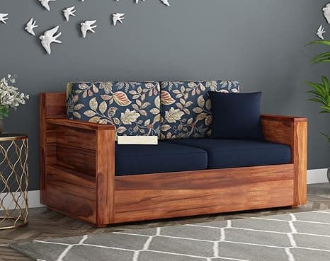 Solid Sheesham Wood 2 Seater Sofa For Living Room Office Hotel Hall Wooden Sofa Furniture, 1 Year Warranty, Honey Finish - Blue Cushion