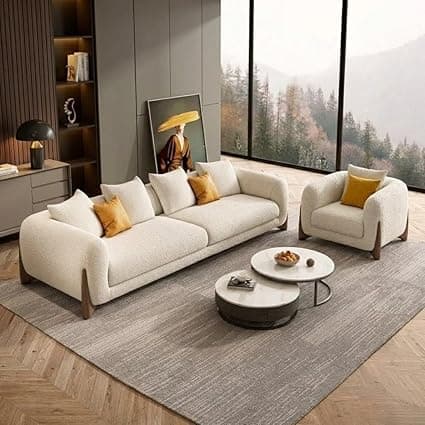 Modern Sofa, Teddy Fabric, Chesterfield Style, Wooden Legs, for Living Room, Bedroom, Hallways (3+1 Seater)