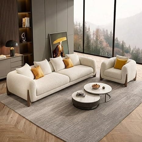 Modern Sofa, Teddy Fabric, Chesterfield Style, Wooden Legs, for Living Room, Bedroom, Hallways (3+1 Seater)