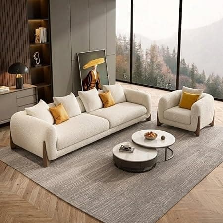 Modern Sofa, Teddy Fabric, Chesterfield Style, Wooden Legs, for Living Room, Bedroom, Hallways (3+1 Seater)