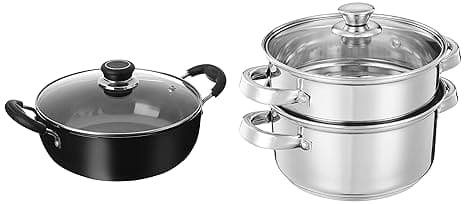 Amazon Brand - Solimo Stainless Steel Induction Bottom Steamer/Modak/Momo Maker with Glass Lid (2 litres) & Hard Anodized Deep Kadhai with Induction Bottom and Glass Lid (22cm, 2.5 litres)