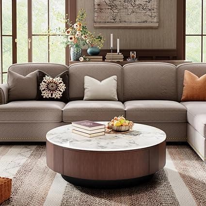 WOODEN SPACE Round Marble-Top Wooden Center Table for Living Room | Modern Entryway Furniture | Coffee Table - 30X30X18 Inch