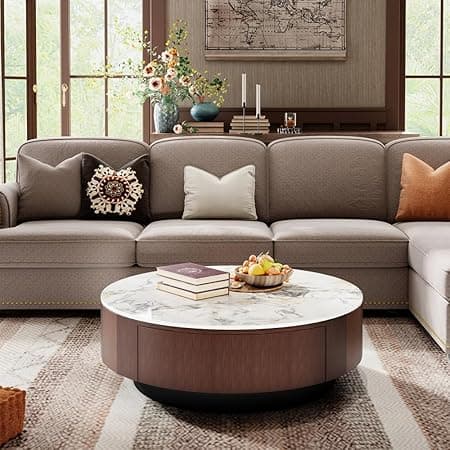 WOODEN SPACE Round Marble-Top Wooden Center Table for Living Room | Modern Entryway Furniture | Coffee Table - 30X30X18 Inch