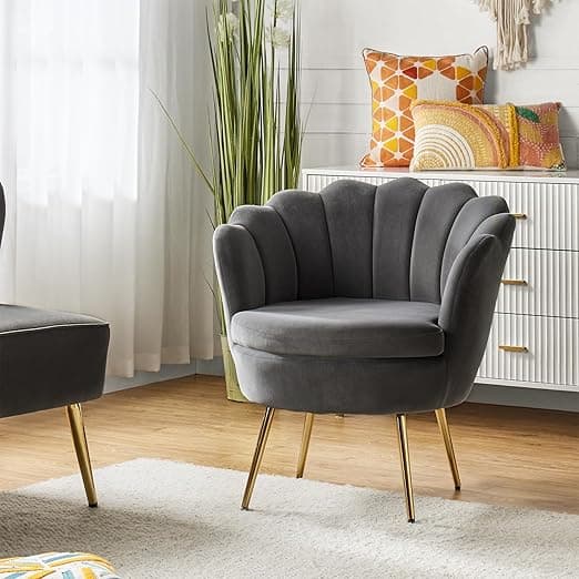 HULALA HOME Modern Velvet Accent Chair with Shell Shaped Back, Cute Living Room Bedroom Armchair Sofa Chair with Gold Legs, Comfy Upholstered Vanity Chair for Makeup Room, Grey