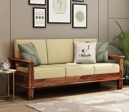 Sheesham Wooden 3 Seater Sofa for Living Room | Rosewood 3 Seater Cushion Sofa with Side Newspaper Holder for Home & Office | Solid Wood Sofa Set for Lounge (Honey, 3 Seater)