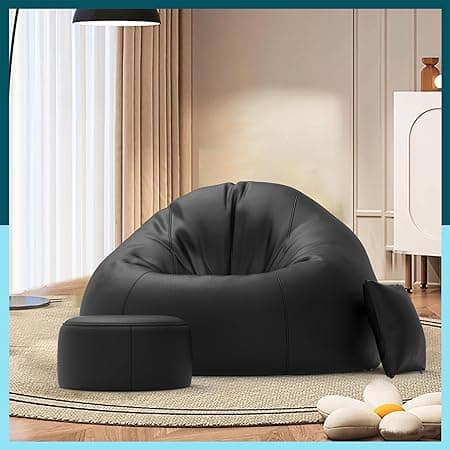Biggie Bean Faux Leather Bag with Beans Filled 6XL Bean Bag Biggie Originals-Bean Bag with Cushion and Footrest-Official:Biggienova Range-Comfort Level:Basic-(Matching Cushion Round:Black)