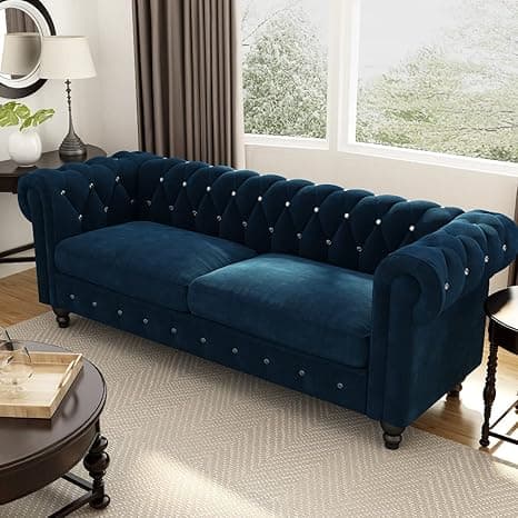 Dime Store Wooden Chesterfield Sofa 3 Seater with Button Tufted Design Solid Wood Frame Upholstered Couch with Rolled Arms | Luxury Living Room Sofa for Home, Office, Lounge & Reception (Blue)