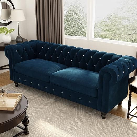 Dime Store Wooden Chesterfield Sofa 3 Seater with Button Tufted Design Solid Wood Frame Upholstered Couch with Rolled Arms | Luxury Living Room Sofa for Home, Office, Lounge & Reception (Blue)