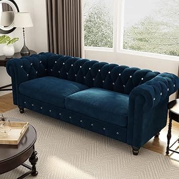 Dime Store Wooden Chesterfield Sofa 3 Seater with Button Tufted Design Solid Wood Frame Upholstered Couch with Rolled Arms | Luxury Living Room Sofa for Home, Office, Lounge & Reception (Blue)