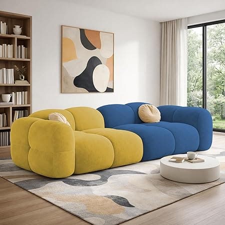 Casaliving Vetras Modern Velvet Bubble Cloud Sofa, Tufted Design Upholstered 3 Seater Sofa Set for Living Room,(Blue Yellow Colour) Premium Velvet Fabric Sofa