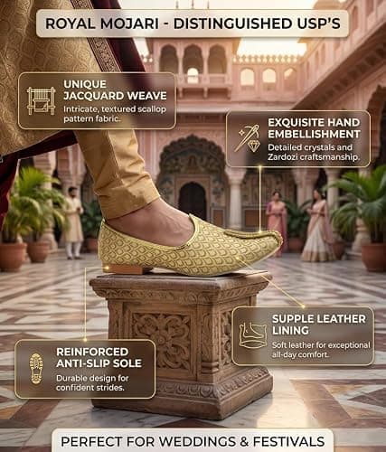 AJANTA Men’s Gold Ethnic Mojaris | Pointed Toe Slip-On Traditional Footwear for Men | Textured Synthetic Upper with Comfort Insole & Rubber Sole, Sandal for Men (Size-7) 4