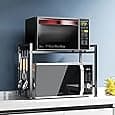 NETEL Expandable Microwave Shelf, 3 Tier Microwave Stand with 8 Hooks, air fryer shelf stand,Microwave Oven Rack, Kitchen storage & Organisation, Bakers Rack, Kitchen Countertop Organiser Shelves