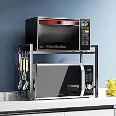 NETEL Expandable Microwave Shelf, 3 Tier Microwave Stand with 8 Hooks, air fryer shelf stand,Microwave Oven Rack, Kitchen storage & Organisation, Bakers Rack, Kitchen Countertop Organiser Shelves