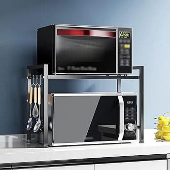 NETEL Expandable Microwave Shelf, 3 Tier Microwave Stand with 8 Hooks, air fryer shelf stand,Microwave Oven Rack, Kitchen storage & Organisation, Bakers Rack, Kitchen Countertop Organiser Shelves