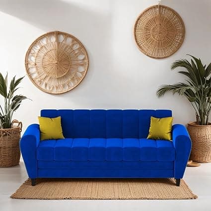 Torque - Bali Premium Fabric 3 Seater Sofa for Living Room (Blue) | Modern 3 Seater Sofa Set Couch with 2 Cushions for Bedroom Hall Festival Gift | 1 Year Warranty