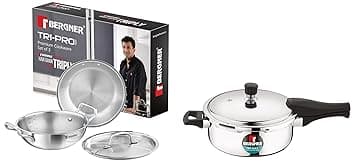 Bergner TriPro 4Pcs Tri-Ply Stainless Steel Cookware Combo - 24cm/3L Kadai with Stainless Steel Lid, 22cm/1L Frypan, 3.5L Outer Lid Pressure Pan, Consumes Less Oil, Healthy Cooking - Induction Bottom
