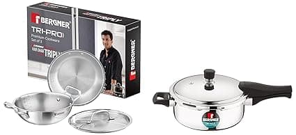 Bergner TriPro 4Pcs Tri-Ply Stainless Steel Cookware Combo - 24cm/3L Kadai with Stainless Steel Lid, 22cm/1L Frypan, 3.5L Outer Lid Pressure Pan, Consumes Less Oil, Healthy Cooking - Induction Bottom