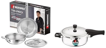 Bergner TriPro 4Pcs Tri-Ply Stainless Steel Cookware Combo - 24cm/3L Kadai with Stainless Steel Lid, 22cm/1L Frypan, 3.5L Outer Lid Pressure Pan, Consumes Less Oil, Healthy Cooking - Induction Bottom