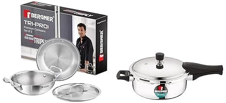Bergner TriPro 4Pcs Tri-Ply Stainless Steel Cookware Combo - 24cm/3L Kadai with Stainless Steel Lid, 22cm/1L Frypan, 3.5L Outer Lid Pressure Pan, Consumes Less Oil, Healthy Cooking - Induction Bottom
