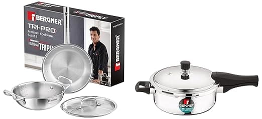 Bergner TriPro 4Pcs Tri-Ply Stainless Steel Cookware Combo - 24cm/3L Kadai with Stainless Steel Lid, 22cm/1L Frypan, 3.5L Outer Lid Pressure Pan, Consumes Less Oil, Healthy Cooking - Induction Bottom