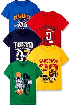 T2F Boys Cotton Regular fit T-Shirts Pack of 5 |Soft Cotton Breathable Fabric | Half Sleeve Round Neck | Casual Wear Combo | Kids Clothing