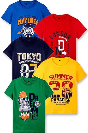 T2F Boys Cotton Regular fit T-Shirts Pack of 5 |Soft Cotton Breathable Fabric | Half Sleeve Round Neck | Casual Wear Combo | Kids Clothing