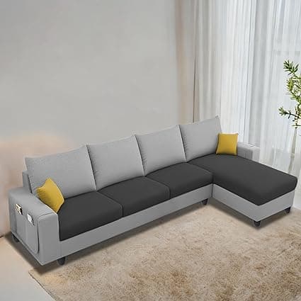 Casaliving Porto RHS 6 Seater L Shape Sofa Set for Living Room (Black Grey Fabric) Premium Velvet Fabric