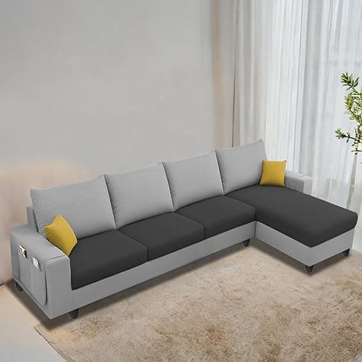 Casaliving Porto RHS 6 Seater L Shape Sofa Set for Living Room (Black Grey Fabric) Premium Velvet Fabric